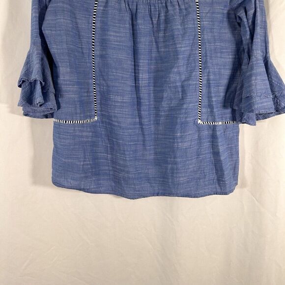 Loft Blouse Women's Small Blue White Crochet 3/4 Bell Sleeve Round Neck Cotton - Picture 5 of 11
